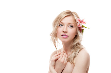 blond girl with flower
