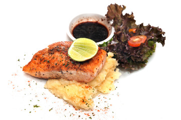 Steak Salmon with mashpotato and Salad on white background