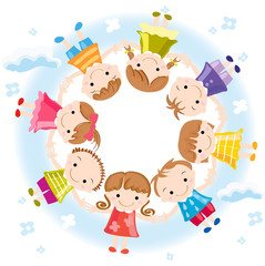 Fototapeta premium 輪になる子供と空(主線なし)