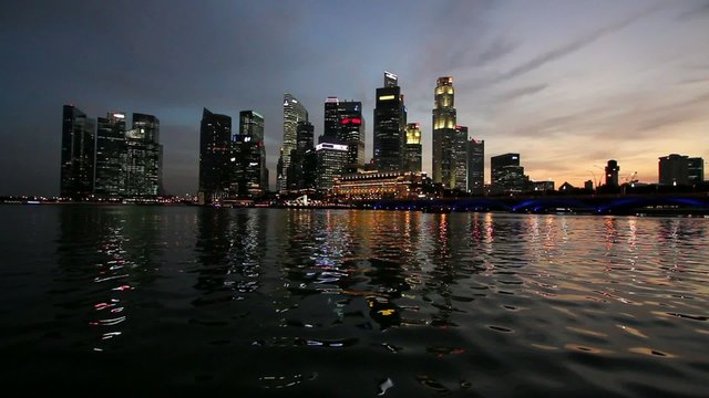 Singapore City Dusk at Sunset along Esplanade Waterfront