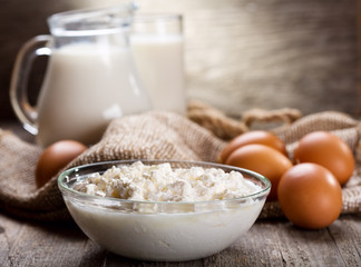 cottage cheese, eggs and jug of milk