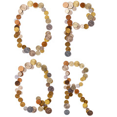 O-P-Q-R alphabet letters from the coins of different countries.