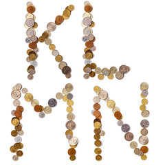 K-L-M-N alphabet letters from the coins of different countries.