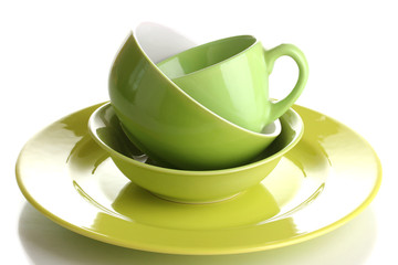 Green tableware isolated on white