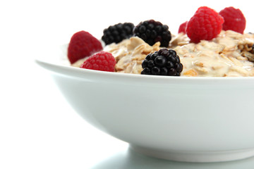 tasty oatmeal with berries, isolated on white