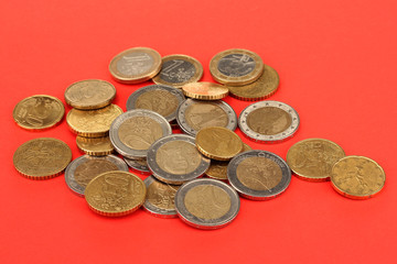 euro coins on color background