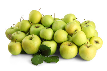 juicy apples with green leaves, isolated on white