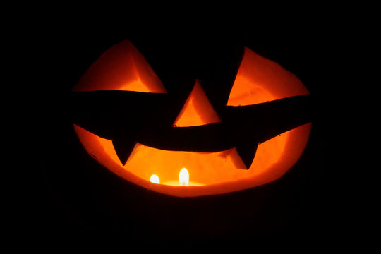 Spooky halloween pumpkins (jack-o-lantern). Closeup shot.