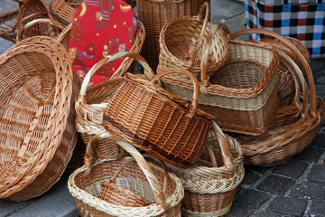 pile of Wicker baskets for sale at the local market