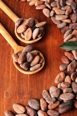 Cocoa beans with leaves in spoons on wooden background