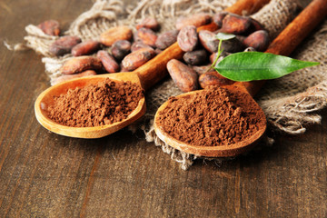 Cocoa powder and beans in spoons on wooden background