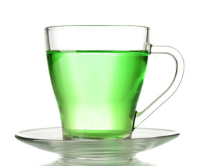 Transparent cup of green tea, isolated on white