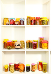 Different conservations on white shelves