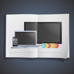 Set of TV, computer, CD and phone inside a book.