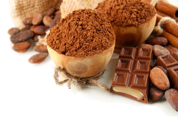Composition of chocolate sweets, cocoa and spices, isolated