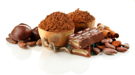 Composition of chocolate sweets, cocoa and spices, isolated