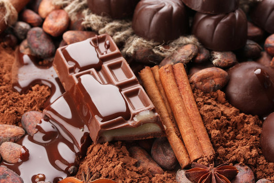 Composition of chocolate sweets, cocoa and spices