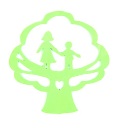 Green cut out paper tree with people inside, isolated on white