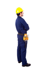 Young worker standing from back on white background