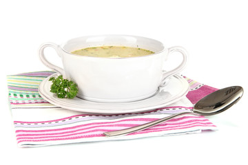 Fototapeta na wymiar Nourishing soup with vegetables in pan isolated on white