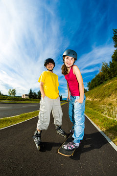 Active young people - rollerblading, skateboarding