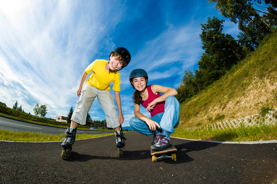 Active young people - rollerblading, skateboarding