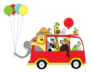 Happy animals with balloons on the bus