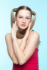 Fototapeta premium Freckled girl in red dress
