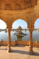 Aluminium Prints India old jain cenotaphs on lake in jaisalmer india