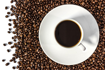Coffee beans and coffee cup