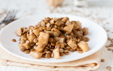 lentils with steamed vegetables on a plate