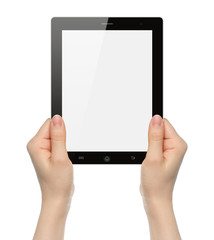 Woman hands holding black tablet PC on white background .