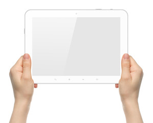 Woman hands holding white tablet PC 