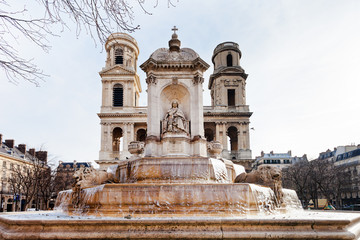 front view of of Saint-Sulpice fontain and church in Paris