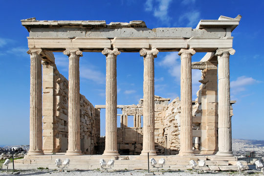 Backside of the Erechtheion temple with ionic columns in Acropol
