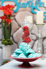 Delicious fancy mint pastila on red plate