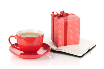 Red coffee cup and gift box with bow