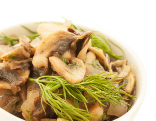 fresh fried mushrooms with dill and onion.macro