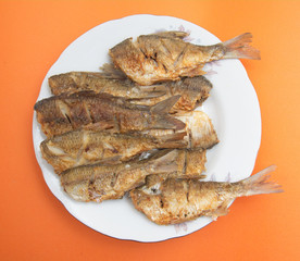 fried fish on a plate on green background