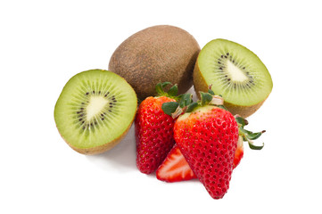 half of kiwi and strawberry on a white background