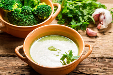 Closeup of broccoli soup made of fresh vegetables, garlic and pa