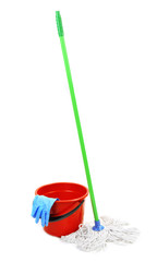 Mop, plastic bucket and rubber gloves, isolated on white