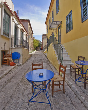 picturesque alley and coffee shop in Plaka, Athens Greece