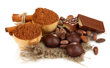 Composition of chocolate sweets and cocoa, isolated on white