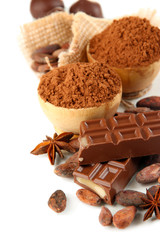 Composition of chocolate sweets, cocoa and spices, isolated