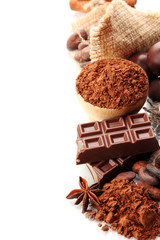 Composition of chocolate sweets, cocoa and spices, isolated