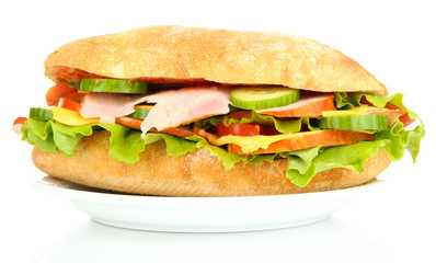 Fresh and tasty sandwich with ham and vegetables isolated