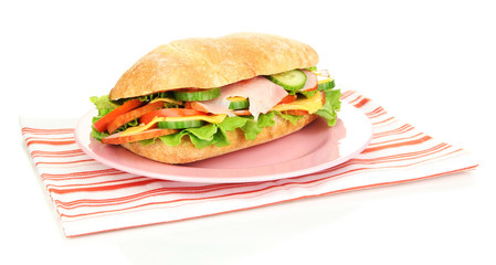 Fresh and tasty sandwich with ham and vegetables isolated
