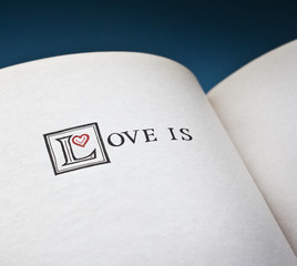 Love is words in the open book with blue background