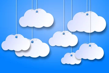 Foto op Plexiglas Hemel kartonnen tekstballonnen op een hemelsblauwe achtergrond